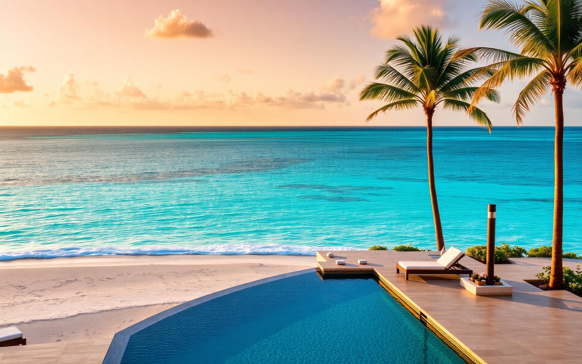 Luxury Caribbean beachfront villa at sunset